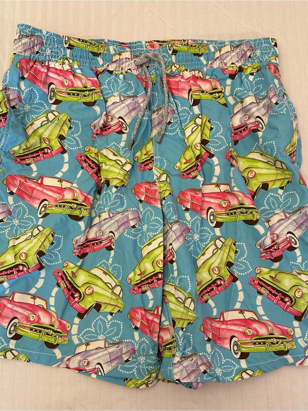 Vilebrequin Okoa Swim Trunks 3XL Blue Vintage Car Print Long Cut